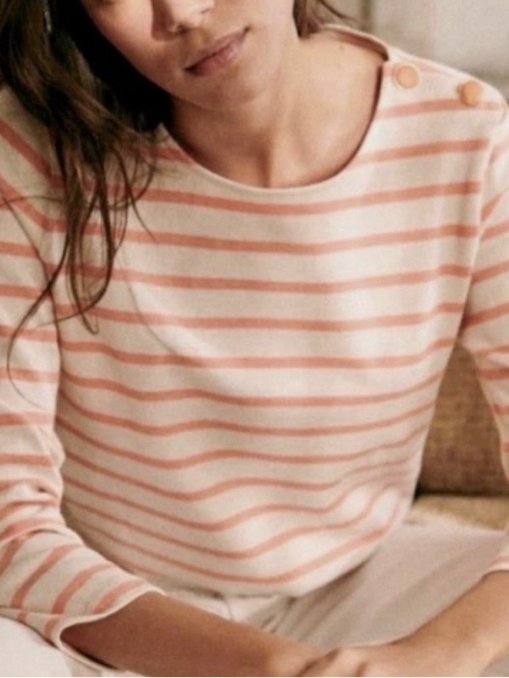 Sézane colette marinière striped melon & Cream Boatneck Sweater Button Detail- L